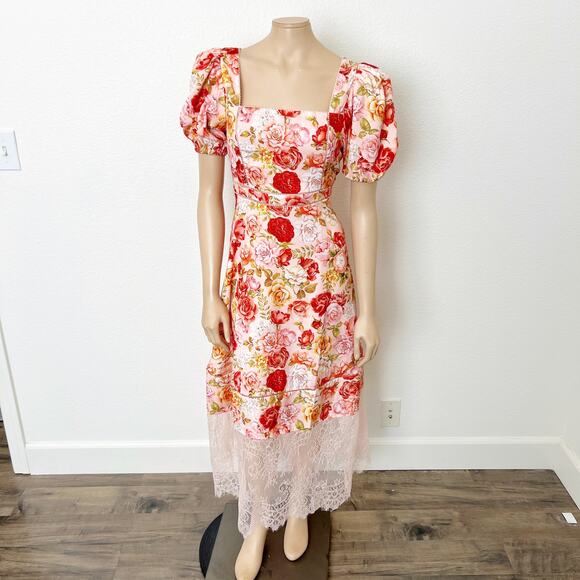 [Rachel Parcell] Pink Rose Floral Puff Sleeve Lace Trim Spring Midi Dress NWT 8 - Picture 2 of 12